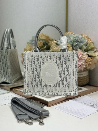 CD Book Tote With Gray Oblique Pattern And White Lace Details In Canvas 288335