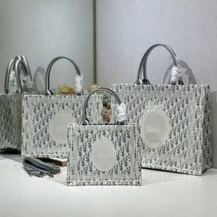CD Book Tote With Gray Oblique Pattern And White Lace Details In Canvas 288335