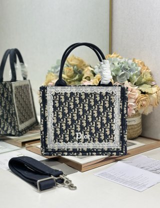 CD Book Tote With Black Oblique Pattern And White Lace Frame In Canvas 288349