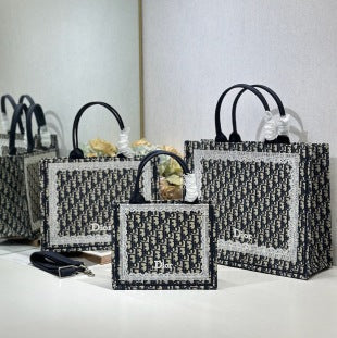 CD Book Tote With Black Oblique Pattern And White Lace Frame In Canvas 288349