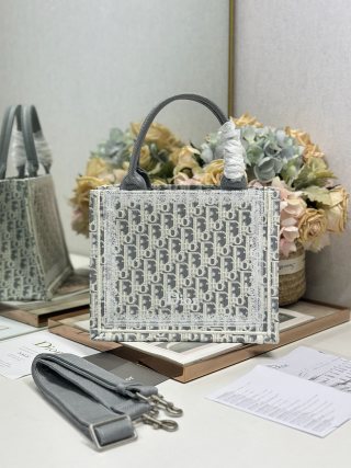 CD Book Tote With Gray Oblique Pattern And White Lace Frame In Canvas 288356