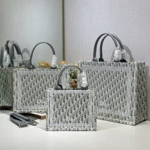 CD Book Tote With Gray Oblique Pattern And White Lace Frame In Canvas 288356