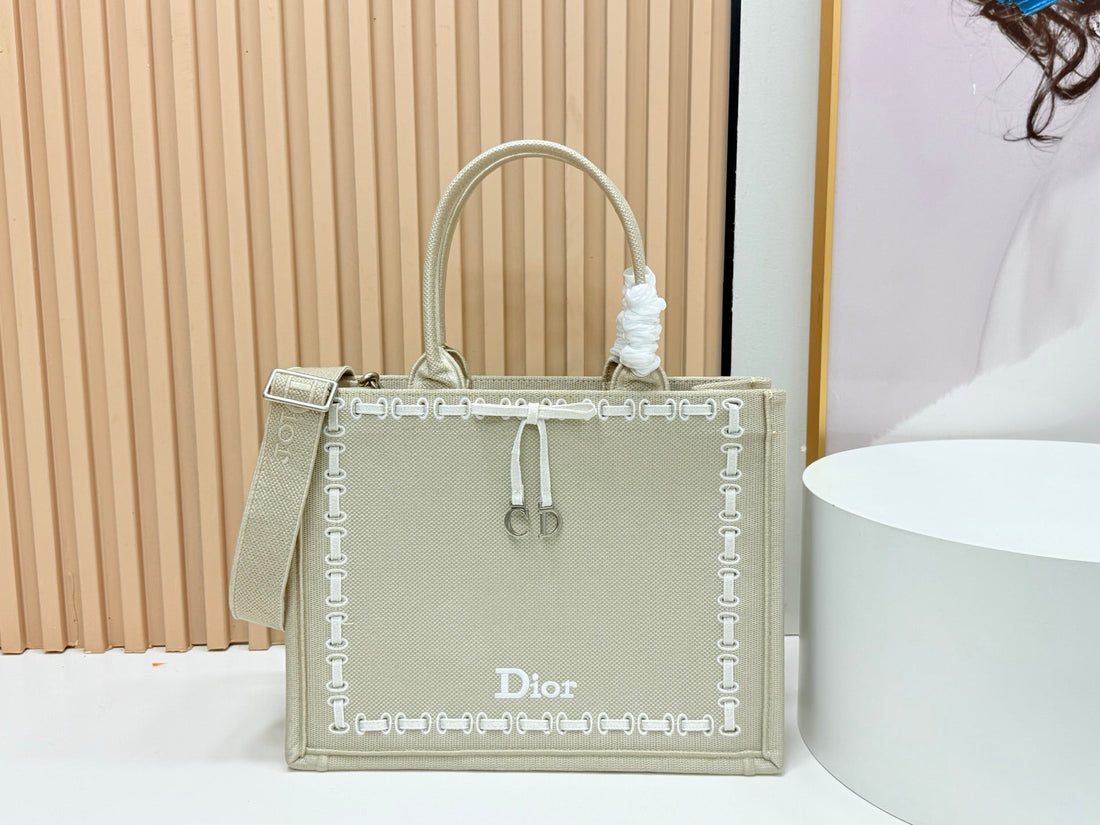 CD Book Tote Bag With Strap Beige In Embroidery 155367