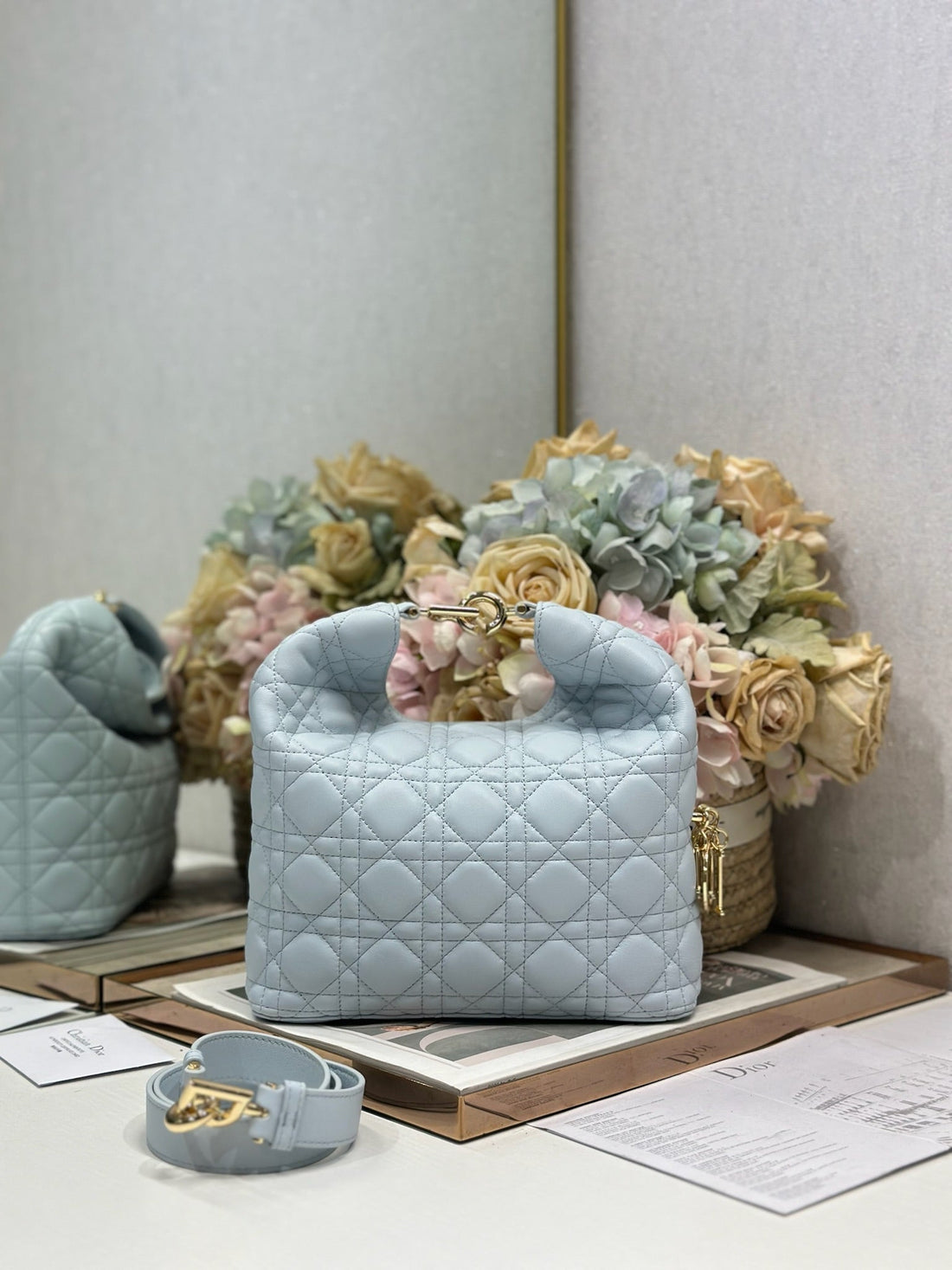 CD Lady Dior Shoulder Bag 27CM Light Blue In Sheepskin 155549