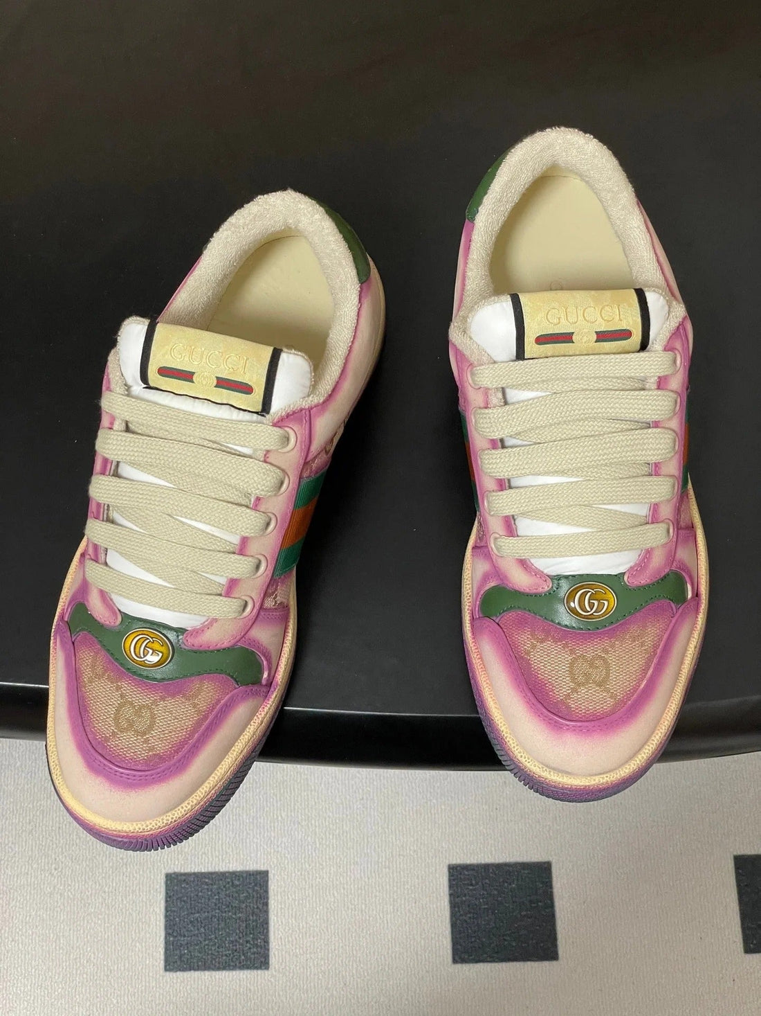 GG 26SS Screener Sneaker Beige Purple Green Fabric Calfskin 697904