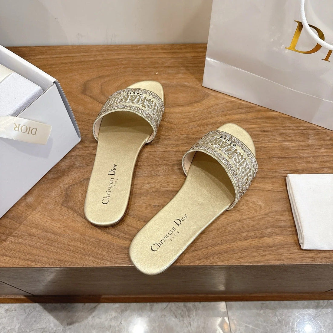 CD 26S Embroidered Sandals Gold Champage Canvas Leather 685616