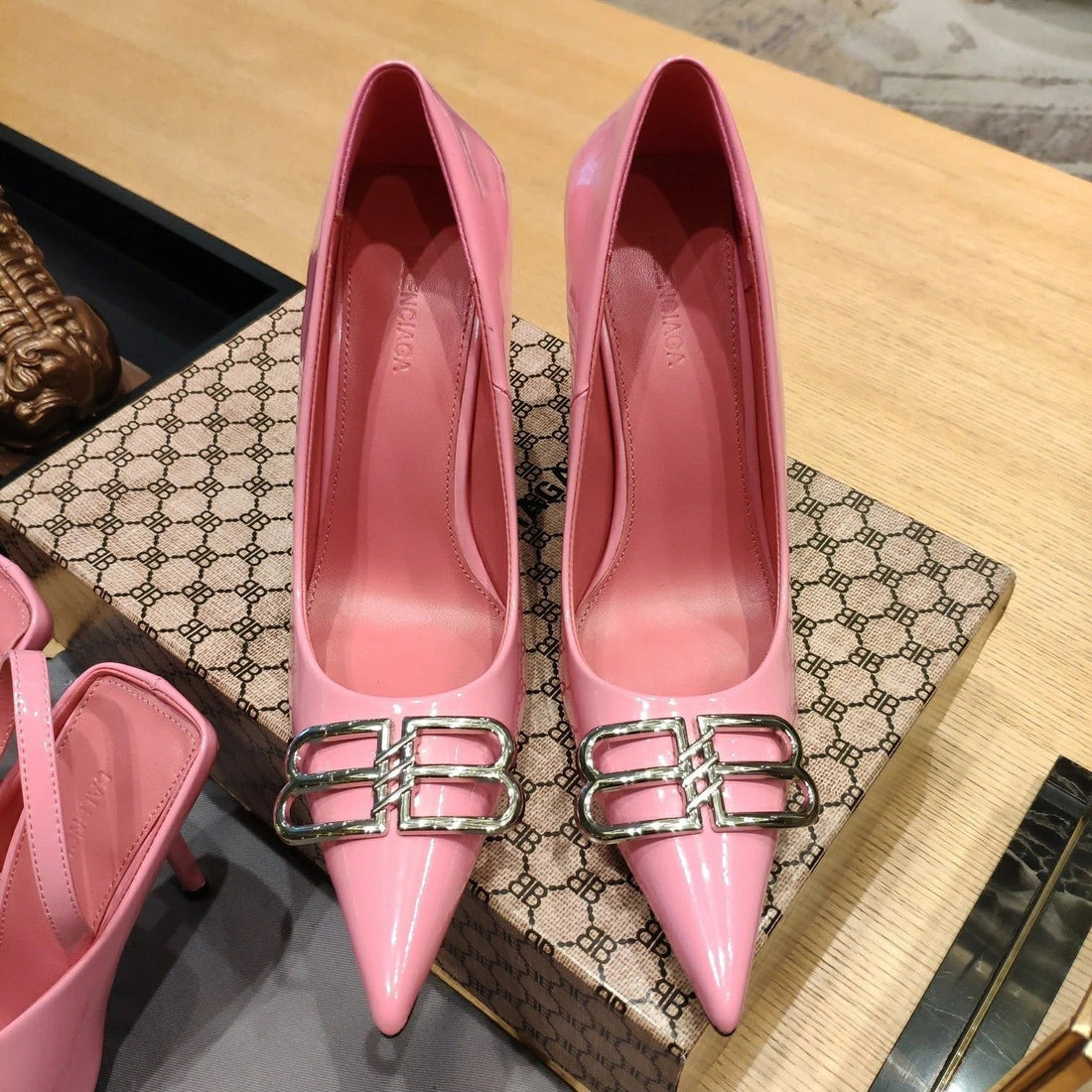 Balenciaga 26S High Heel 100 Pink Patent Leather Sliver Logo 681185