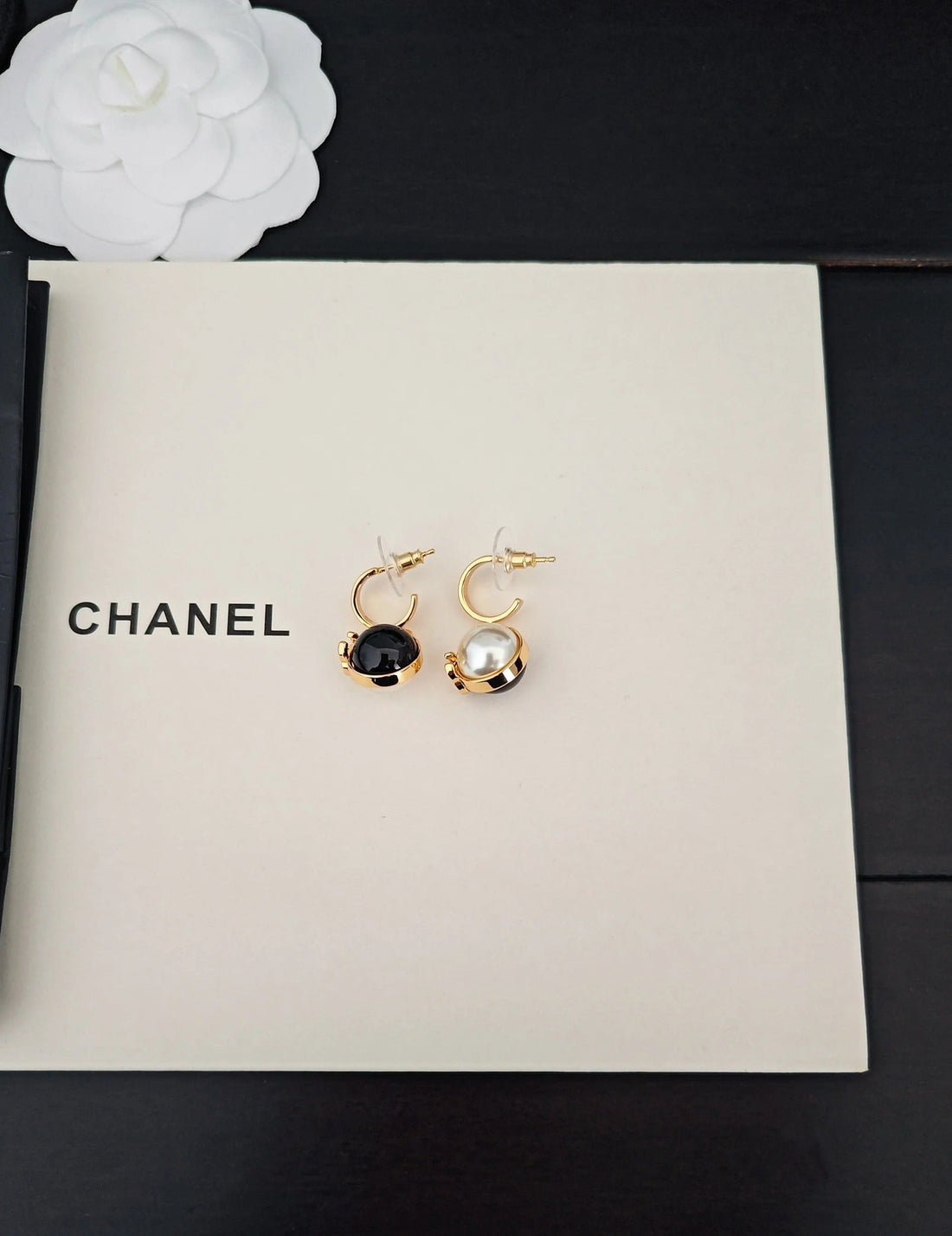 CC Double C Black White Ball Gold Earrings
