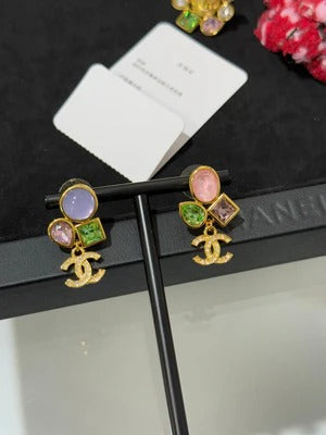 CC 2026 Gemstone Gold Full Diamond Double C Glass Pearl Ab Style Earrings