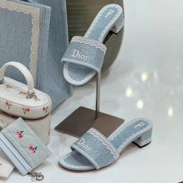 DIOR2026 Dentelle Heeled Slide 3.5cm Sky Blue Dior Oblique Embroidered Cotton And White Lace