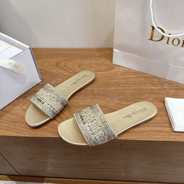 CD 26S Embroidered Sandals Gold Champage Canvas Leather 685616