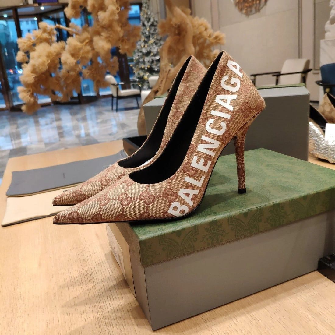 Balenciaga X Gc 26S High Heel Pump Brown Monogram Printed Fabric 681309