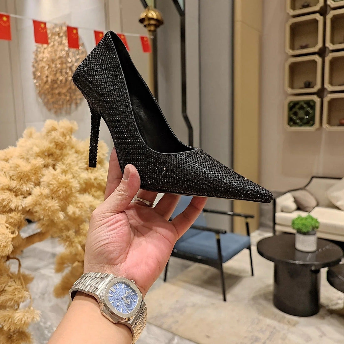 Balenciaga 26S High Heel Pump 100 Black Rhinestone Cowhide 681189