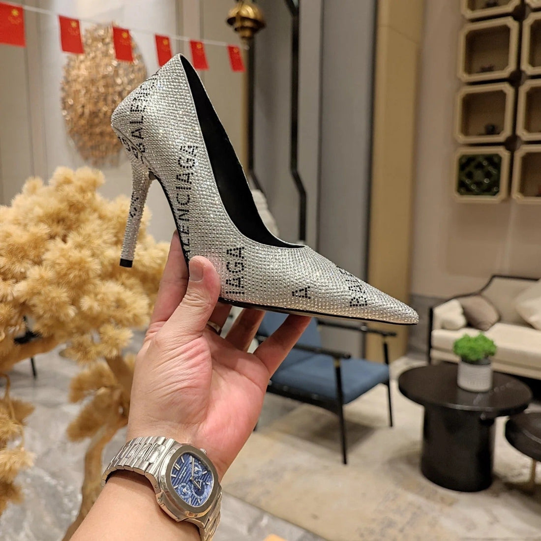 Balenciaga 26S High Heel Pump 100 Sliver Rhinestone Cowhide 681192