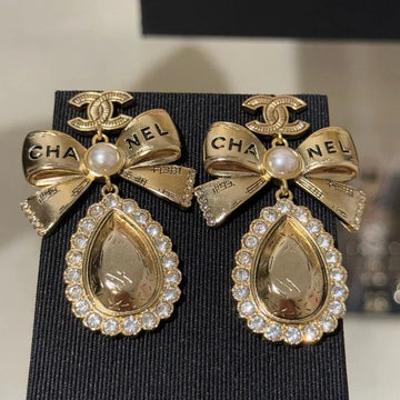 CC Gold Bow Pearl Letter Carved Double C Teardrop Crystal Earrings