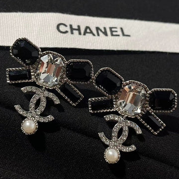 Chanel Black Diamond Square Diamond Panda Two-Tone Double C Pearl Stud Earrings