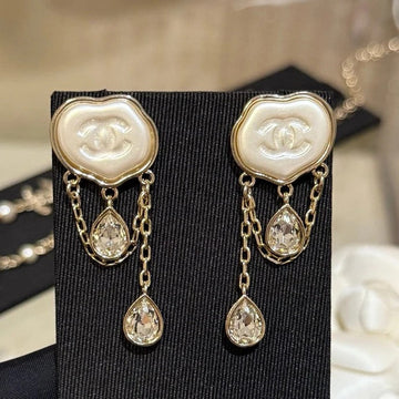 Chanel Cloud Double C Resin Double Teardrop Crystal Light Gold Chain Tassel Earrings
