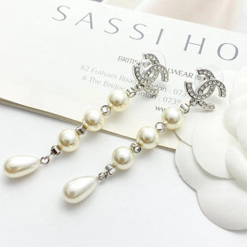 CC Silver Rhinestone Double C Tassel Pearl Earrings