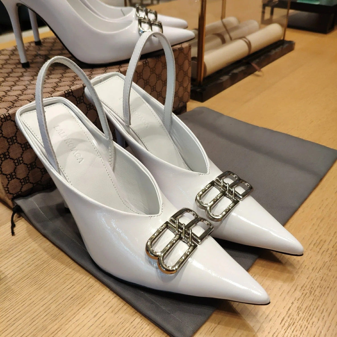 Balenciaga 26S High Heel 100 White Patent Leather Sliver Logo 681184