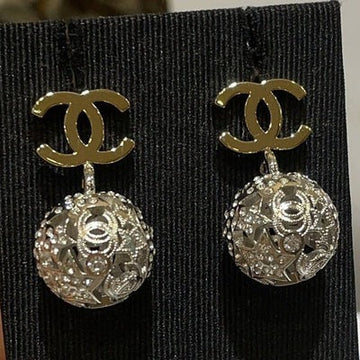 Chanel Gold Double C Silver Hollow Star Round Earrings