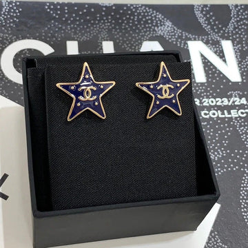 Chanel 2026 Gold Double C Blue Enamel Five-Pointed Star Earrings
