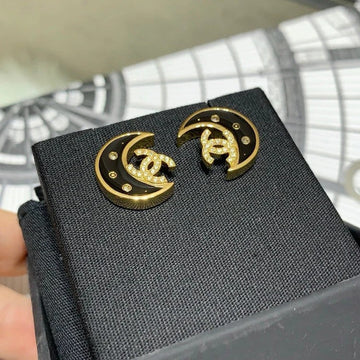 CC Black Enamel Full Diamond Double C Moon Earrings