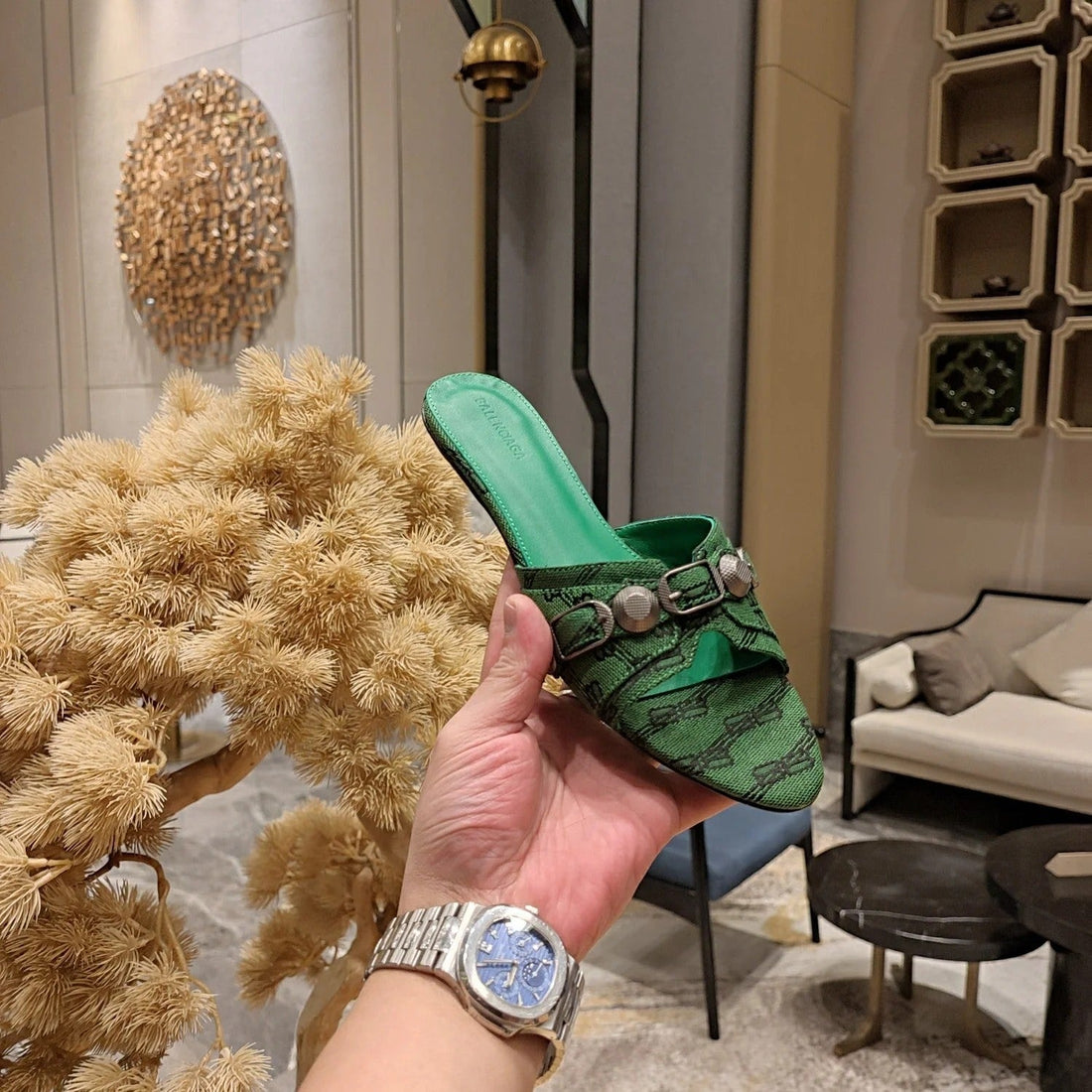 Balenciaga 26S Flat Slippers Dark Green Canvas Leather 681307