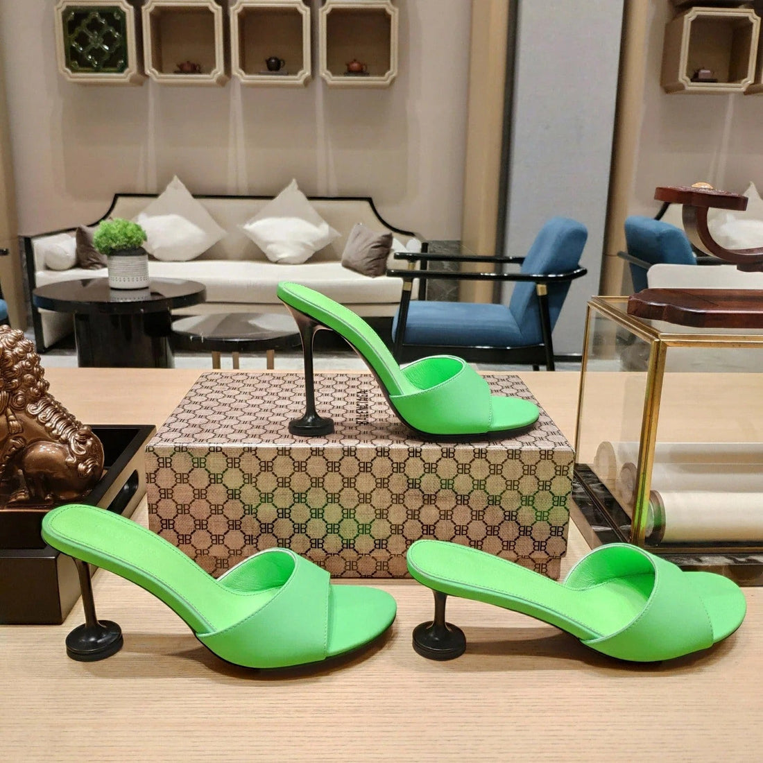 Balenciaga 26S High Heeled Sandals Green Sheepskin 681279