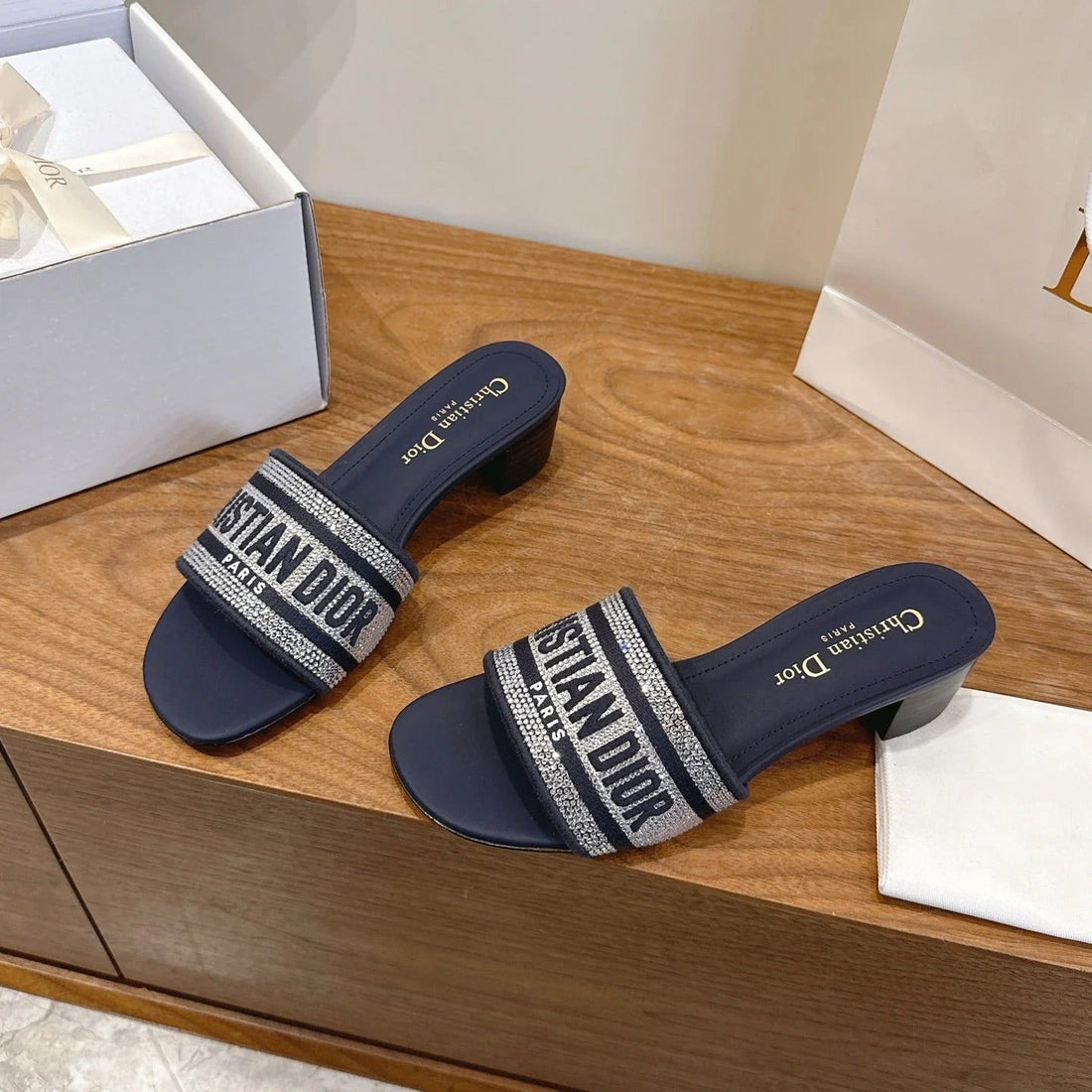 CD 26S Embroidered Sandals Navy Blue Canvas Leather 685606