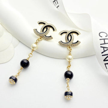 CC Black And Gold Rhinestone Double C Tassel Pearl Earrings