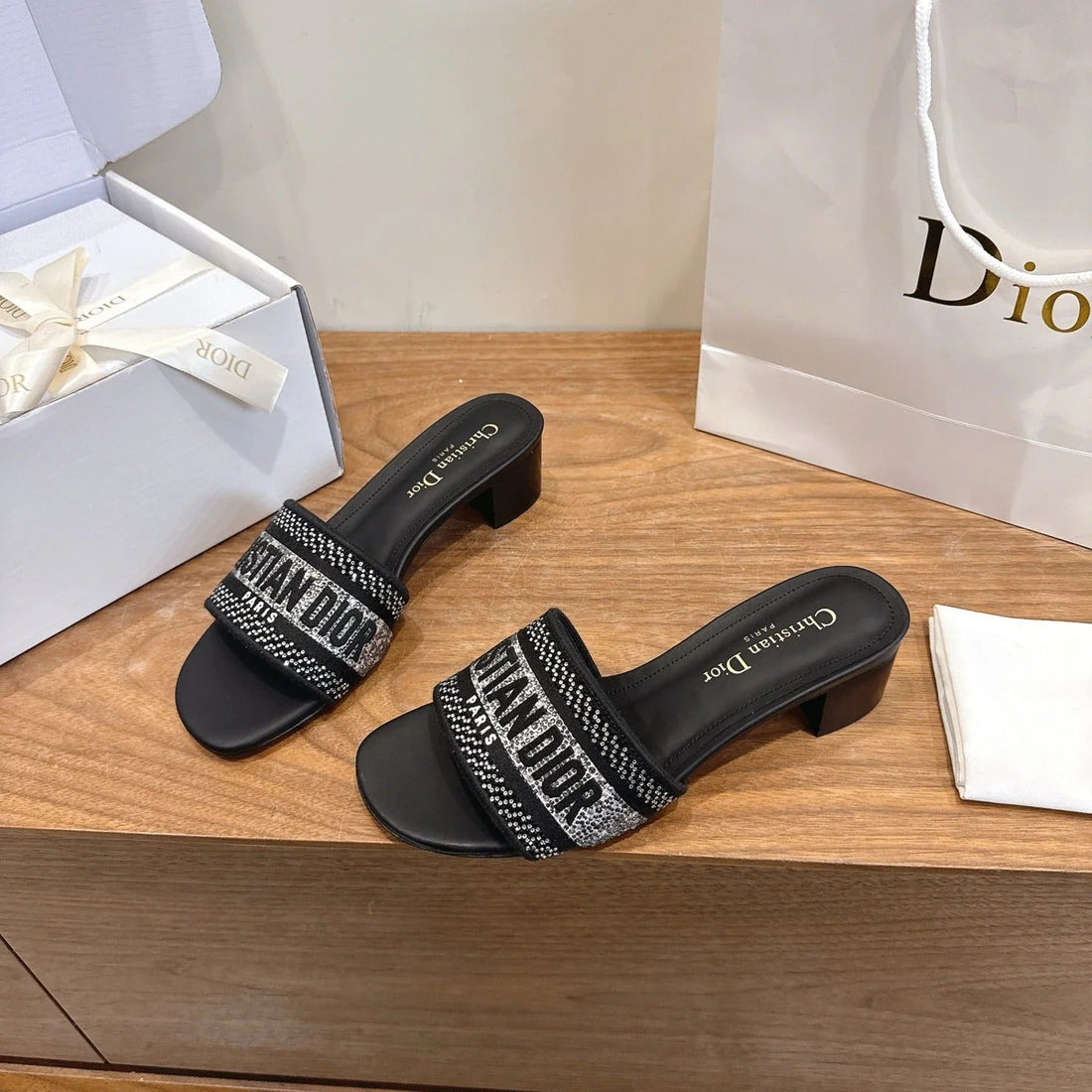 CD 26S Embroidered Sandals Black Canvas Leather 685617
