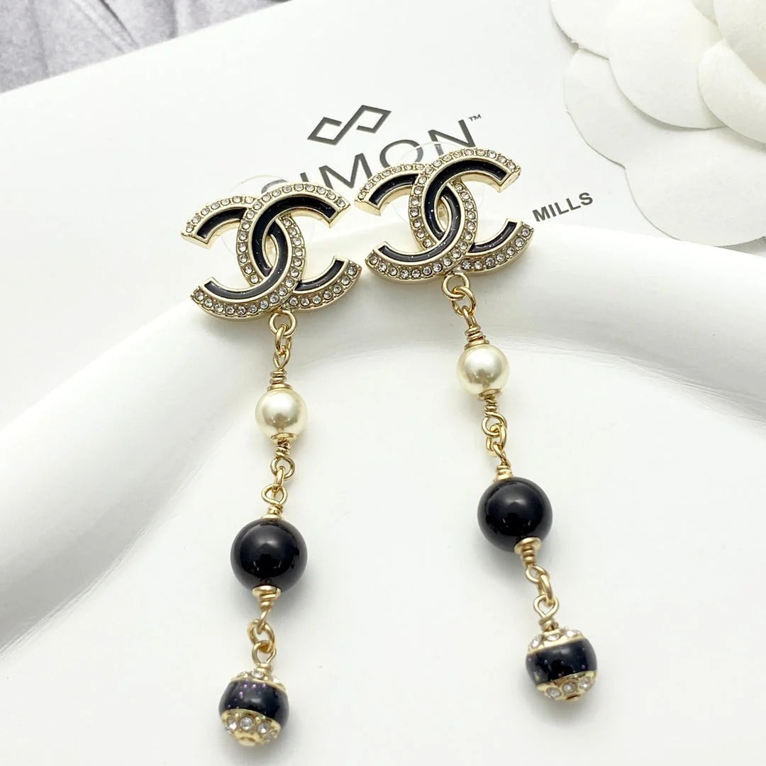 CC Black And Gold Rhinestone Double C Tassel Pearl Earrings