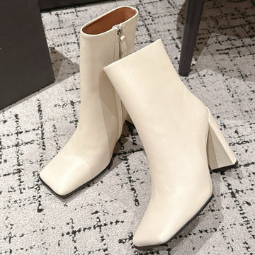 Alaïa 2025 Square Toe High Heeled Ankle Boot Cream Calfskin 558664