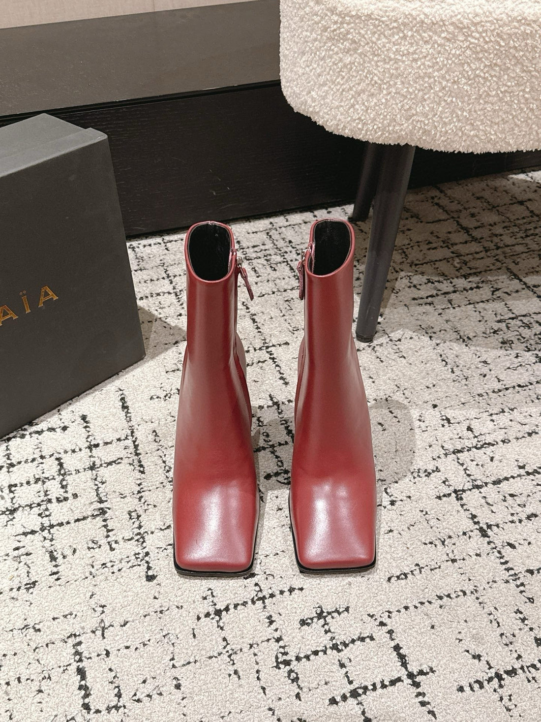 Alaïa 2025 Square Toe High Heeled Ankle Boot Red Calfskin 558665