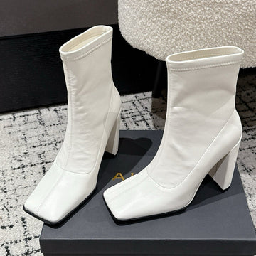 Alaïa 2025 Square Toe High Heeled Ankle Boot White Calfskin 558667