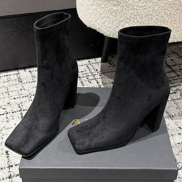 Alaïa 2025 Square Toe High Heeled Ankle Boot Black Suede 558668