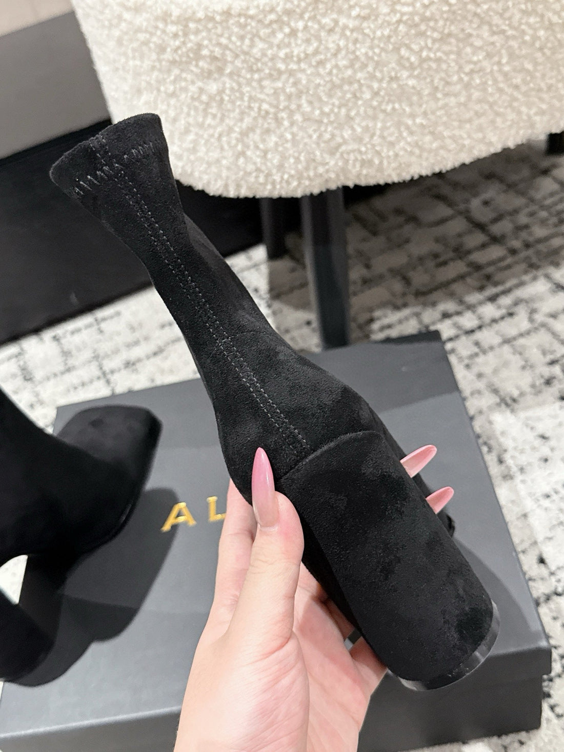Alaïa 2025 Square Toe High Heeled Ankle Boot Black Suede 558668