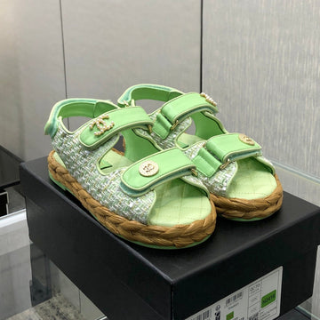Velcro Sandals In Green Pastel Lambskin And Tweed Fabric