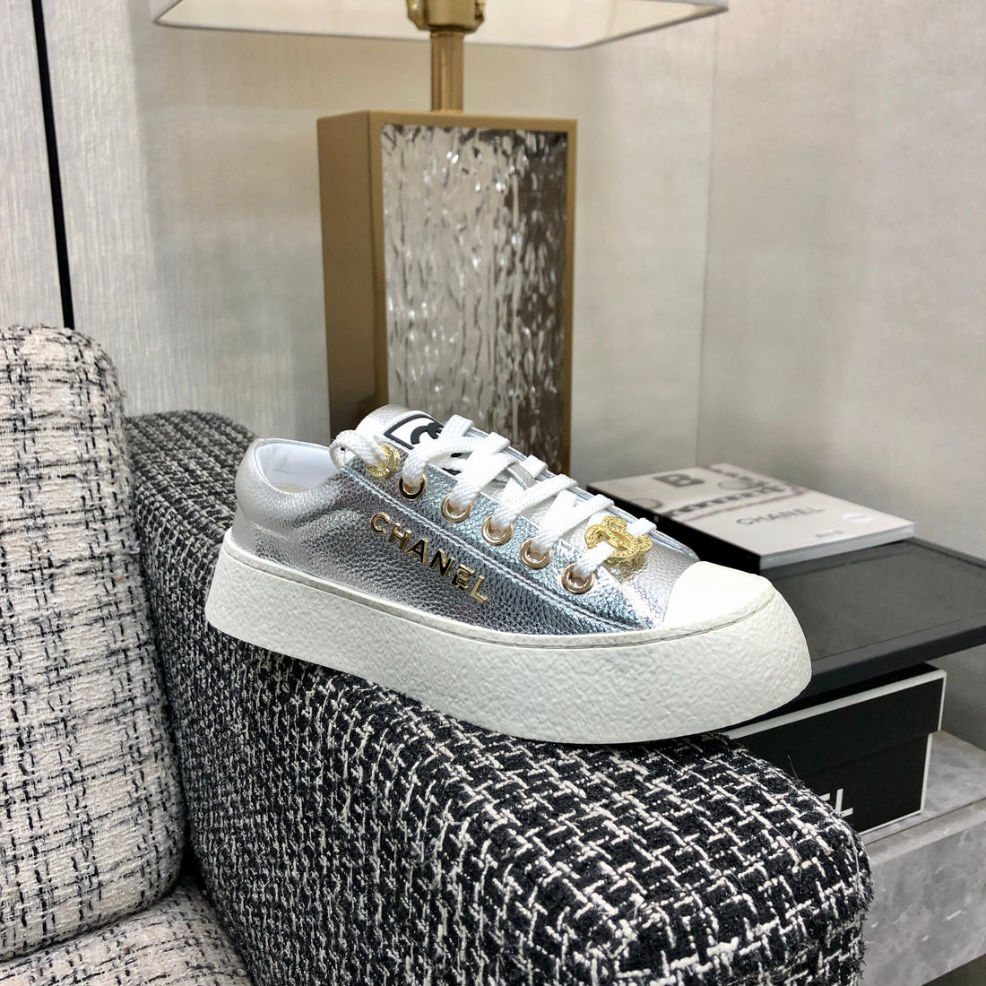Casual Sneaker In Silver Metallic Lambskin