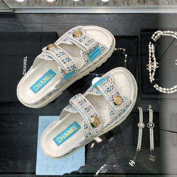 Dad Sandal Mule In White Mix Light Blue Tweed Fabric