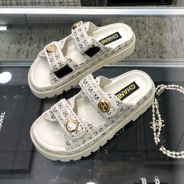 Dad Sandal Mule In White Mix Black Tweed Fabric