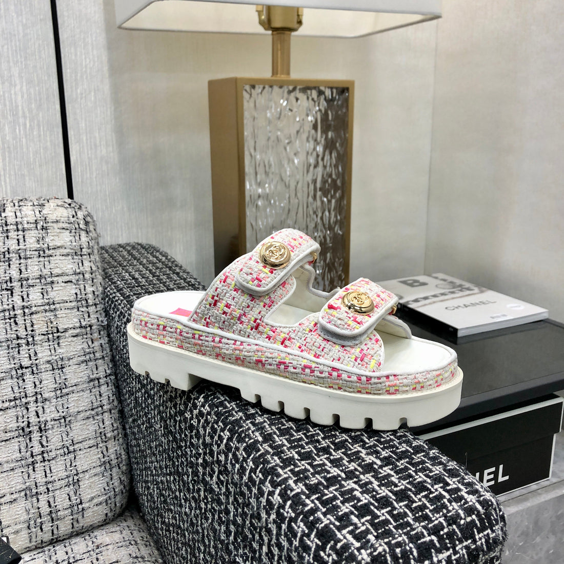 Dad Sandal Mule In White Mix Bright Pink Tweed Fabric
