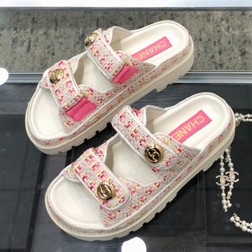 Dad Sandal Mule In White Mix Bright Pink Tweed Fabric