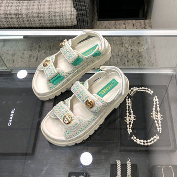 Dad Sandal In White Mix Persian Green Tweed Fabric