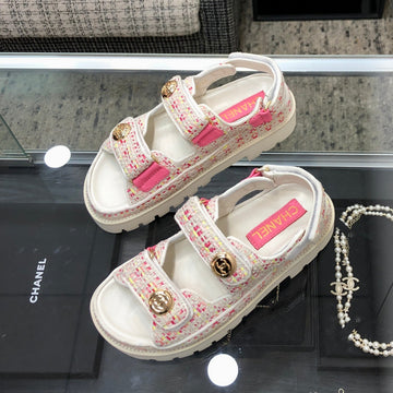Dad Sandal In White Mix Bright Pink Tweed Fabric
