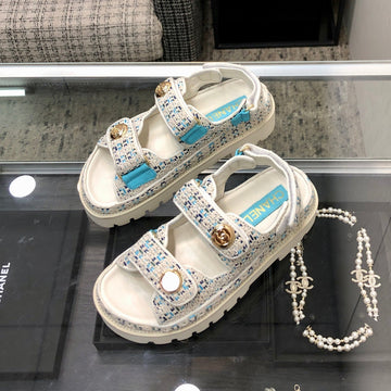 Dad Sandal In White Mix Light Blue Tweed Fabric