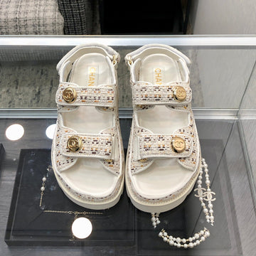 Dad Sandal In White Mix Light Gold Tweed Fabric