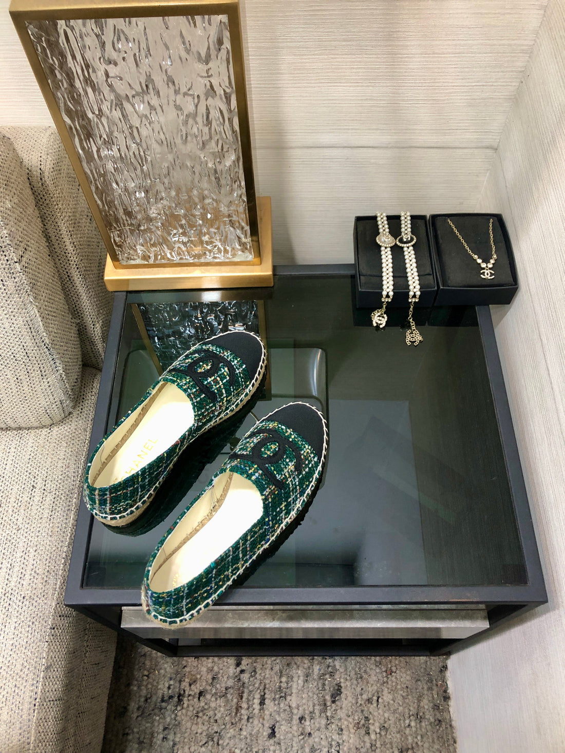 Espadrille Forest Green Tweed Fabric And Black Calfskin Flats
