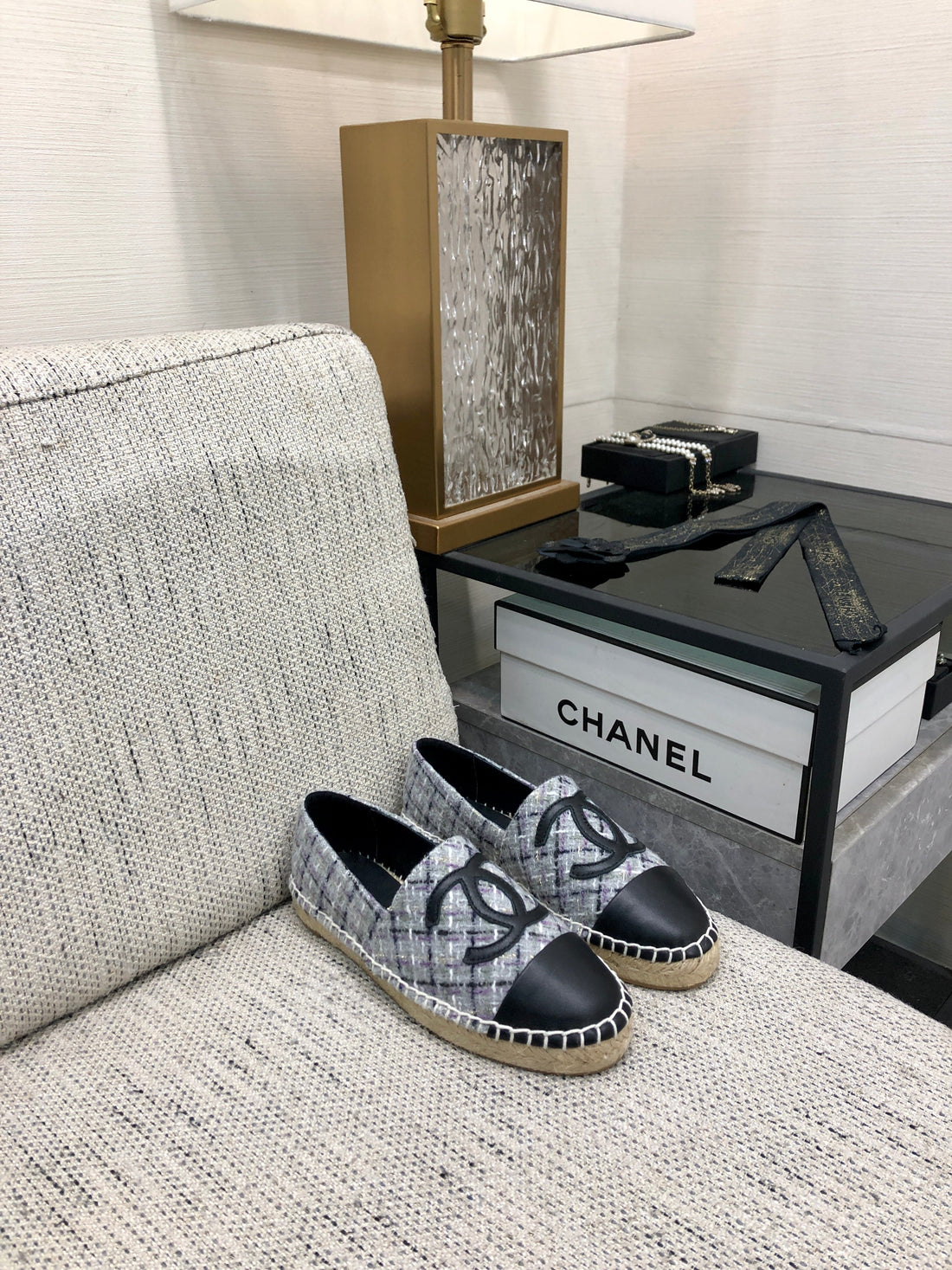 Espadrille Colorful Tweed Fabric And Black Calfskin Flats