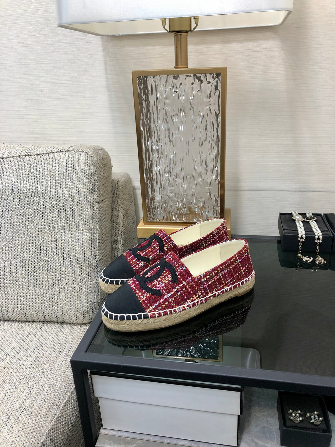 Espadrille Black Mix Crimson Red Tweed Fabric Flats
